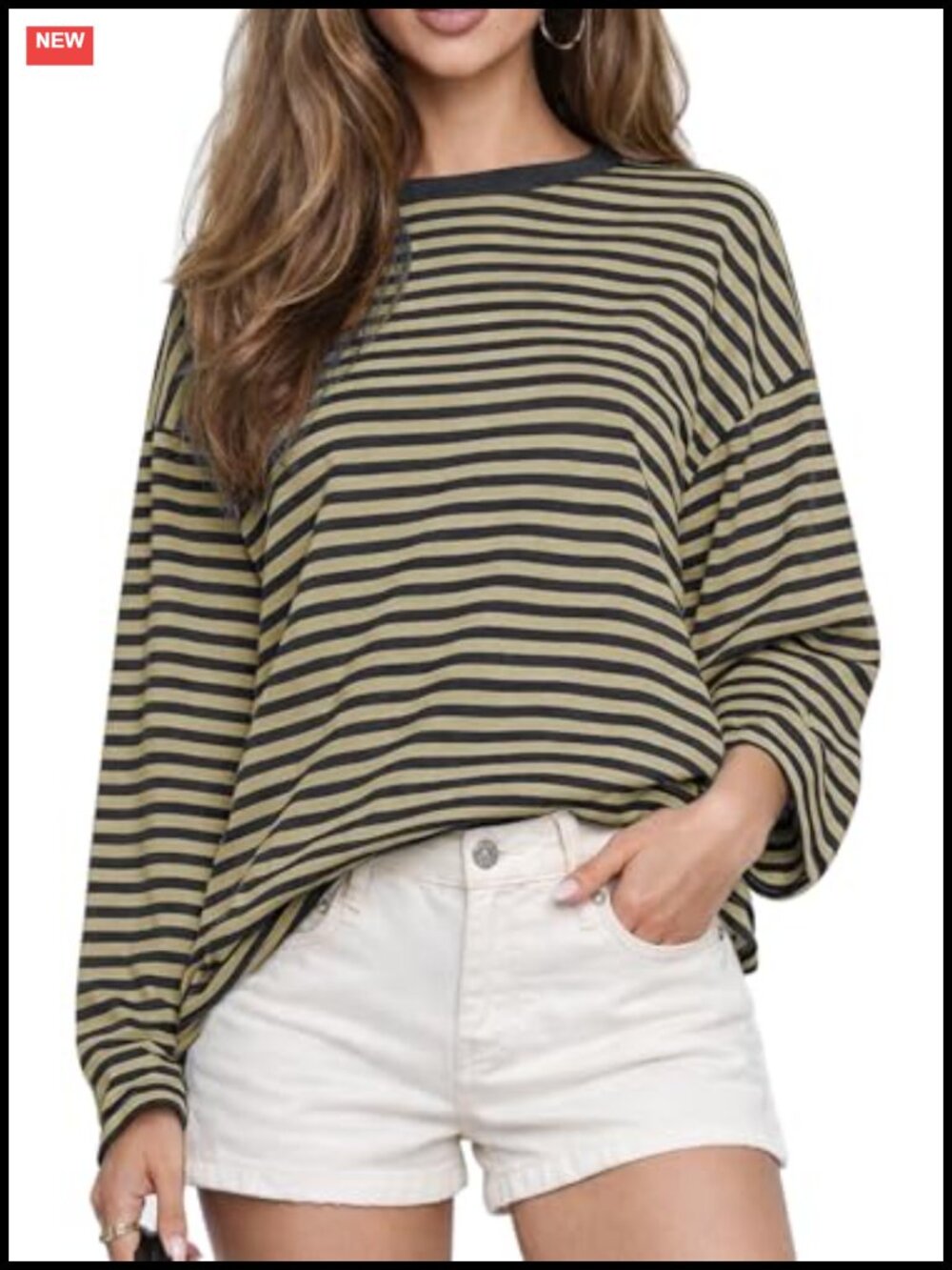 Oversized Striped Long Sleeve Tee Cotton Blend Crew Neck Casual Top